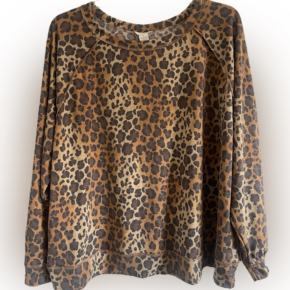 Caslon Leopard Exposed Seam Long Sleeve Top Brown Tan Animal Print Size Large